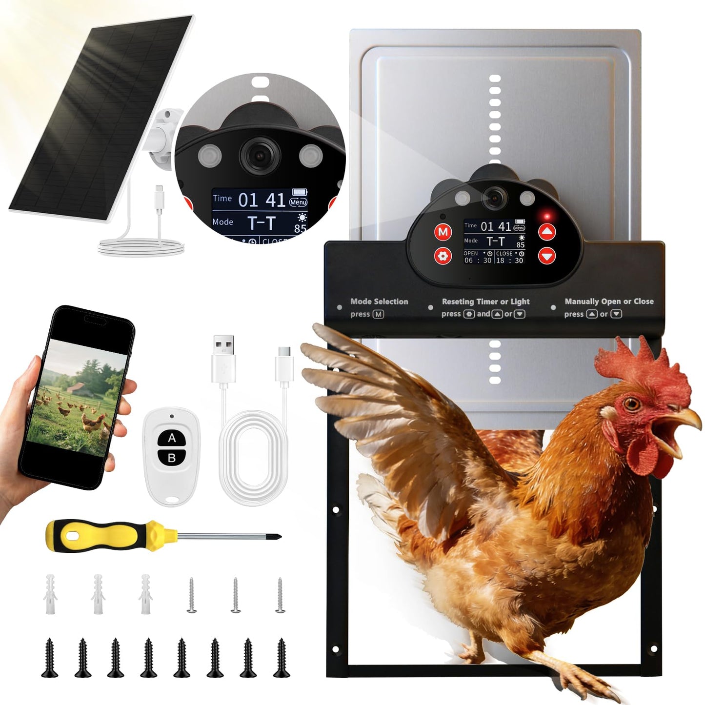 Solar Powered Automatic Chicken Coop Door with 2K Camera, 10m Night Vision Alarm, IP65 Wireless Auto Opener, 6-Month Battery Life, APP Control & 2-Way Audio, Anti-Pinch Safety Design