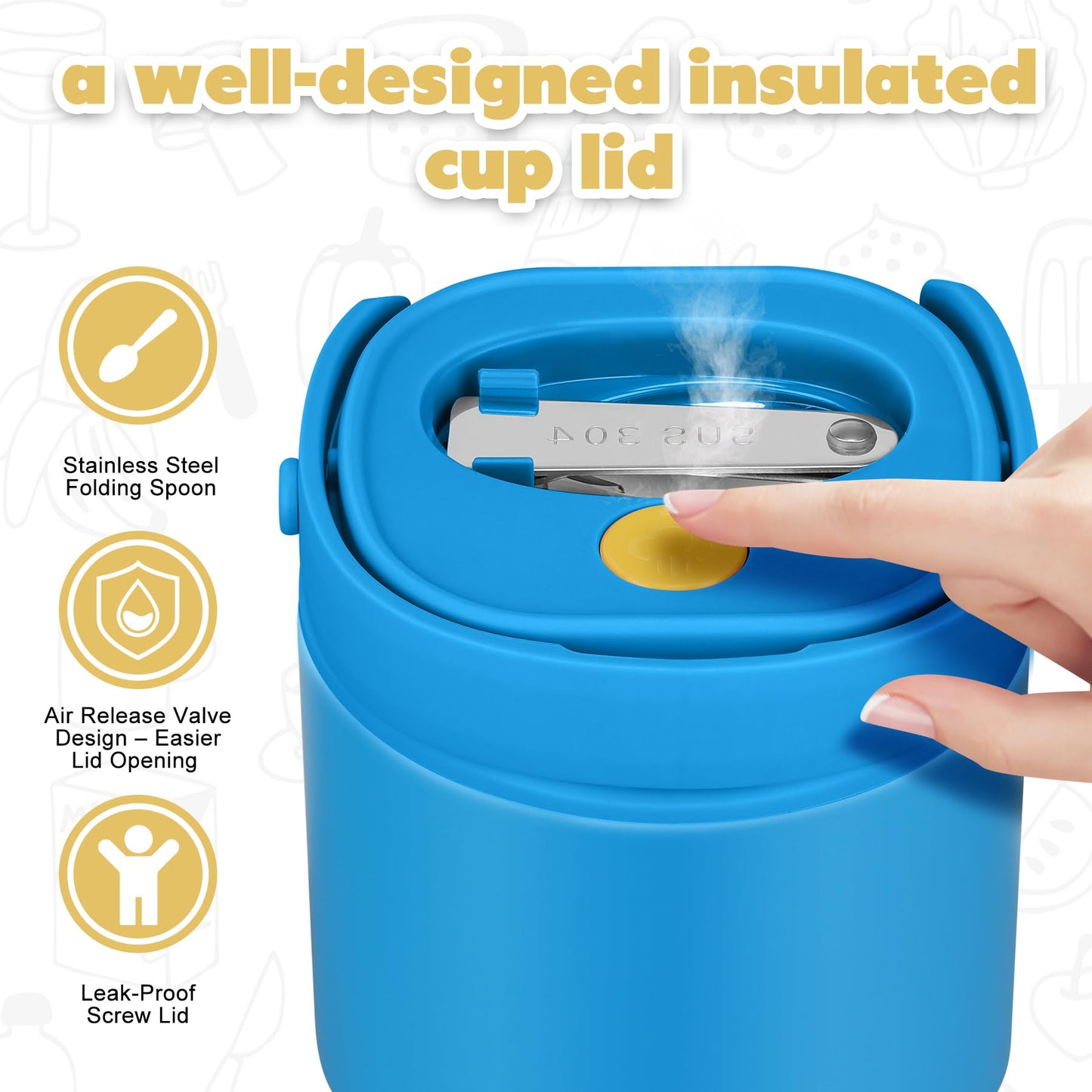 14 oz Soup Thermo for Hot Food with 7 oz Snack Container, Leak-Proof Insulated Lunch Container Kids and Adults, Stainless Steel Double Wall Vacuum Wide-mouth Thermal with Spoon and Handle-Blue