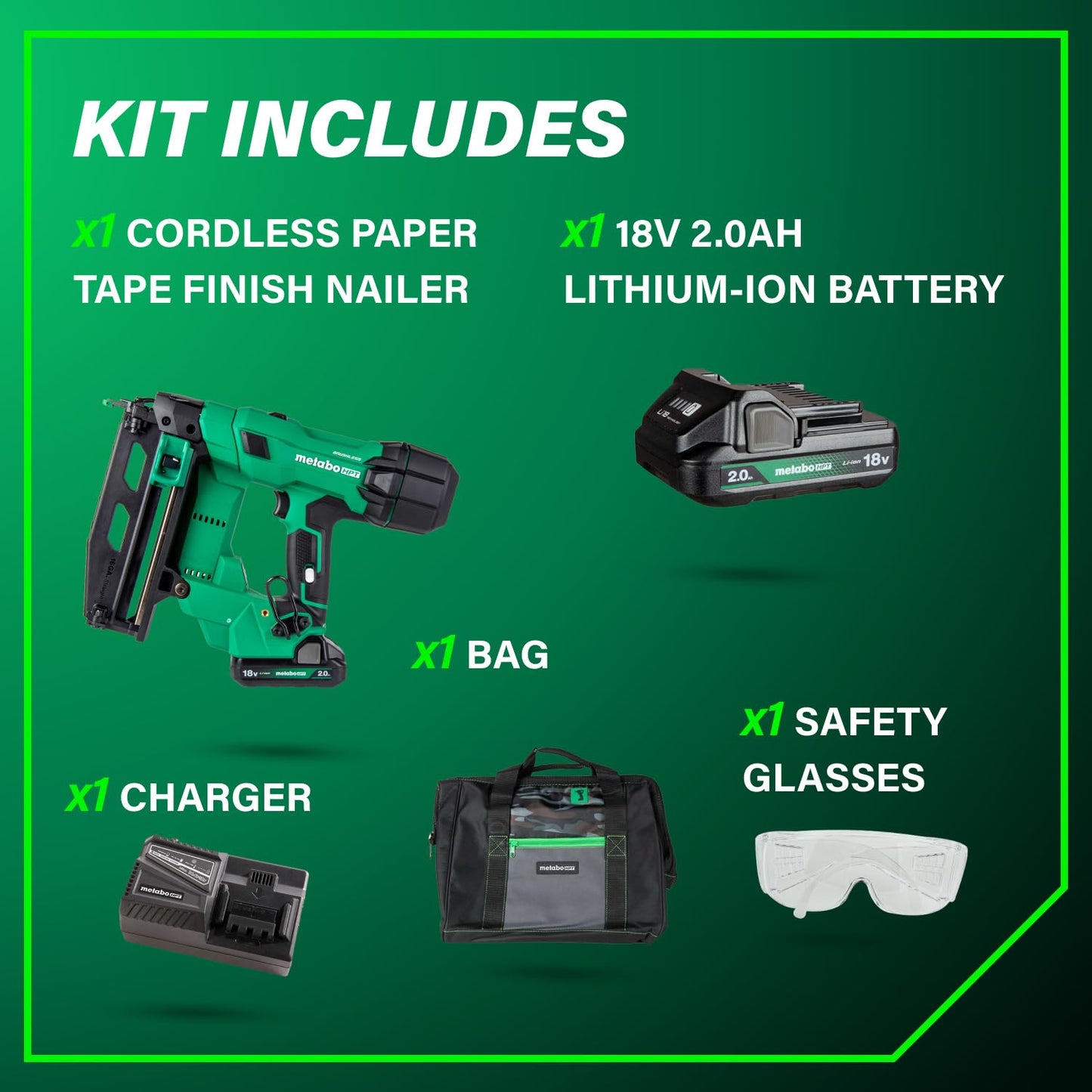 Metabo HPT 18V MultiVolt Brushless Pro 16-GA Straight Finish Nailer Kit, 16 Gauge Finish Nailer, Power Tool with 2.0Ah Lithium Ion Battery, 1" to 2-1/2" Nails, Powerful Brushless Motor, NT1865DSA