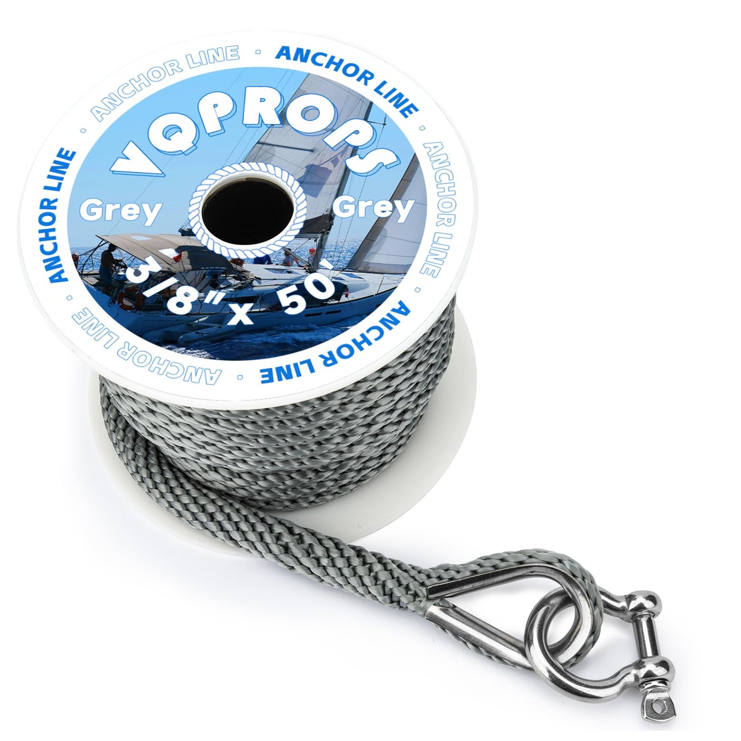 Anchor Line 3/8 inch 50ft. Grey Double Braided Nylon MFP Boat Anchor Rope ，with Stainless Steel Thimble and Shackle ，Anchor Line Fittings for Anchors and Boats Marine Rope