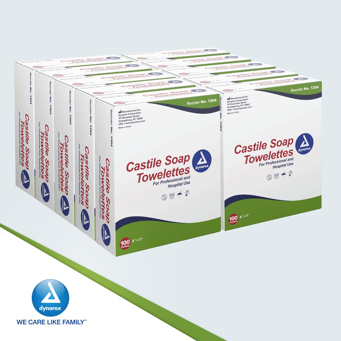 Dynarex Castile Soap Towelettes - Professional-Grade Wet Wipes Individually Wrapped for Hospital, School, Home - No Alcohol Gentle Formula with Coconut Oil-Based Soap - 10 Boxes, 100 Packets per Box