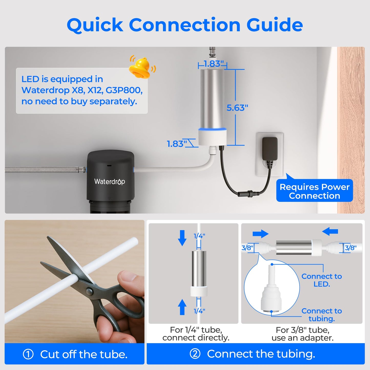 Waterdrop LED UV Ultraviolet Water Filter for Under Sink Water Filter and Reverse Osmosis System, Reduces up to 99.9% of Harmful Substances, Mercury-Free, FCC Certified, Stainless Steel, 50 Year Life