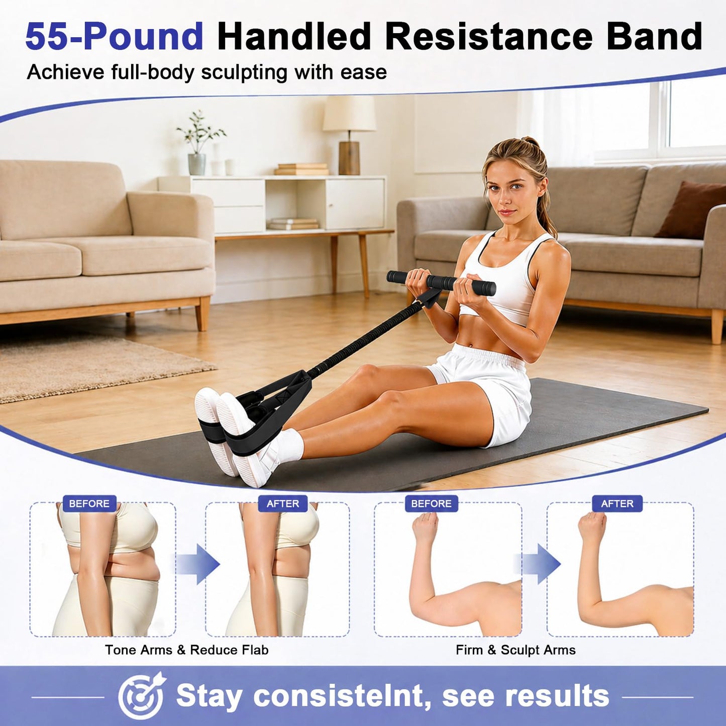 55 LBS Pedal Resistance Band with Handle-Non-Slip Fabric Foot Pedals Resistance Bands with Handles Home Workout Sit Up Exercise Equipment Thickened Latex Tubes Portable Home Workout Equipment (Black)