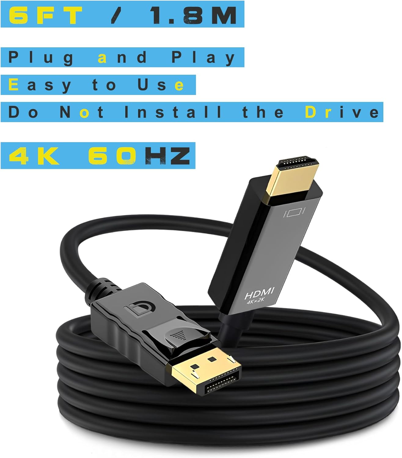 Mindorlen 4K 60Hz 6ft, 6feet Displayport to HDMI Cable NOT HDMI to Displayport Adapter, Display Port to HDMI Cable