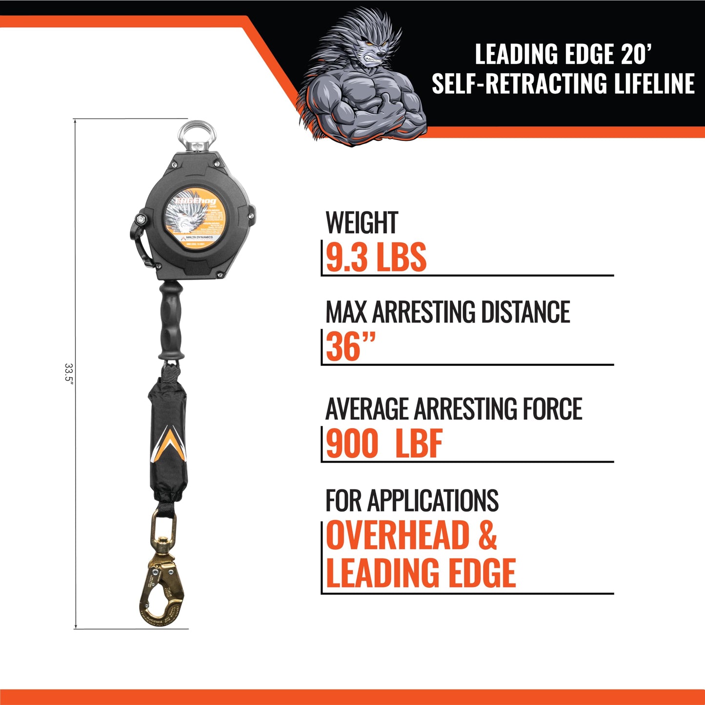 Malta Dynamics Edgehog Self Retracting Lifeline – 20’ Leading Edge Fall Protection Yoyo Cable, Class 2 Retractable Lanyard with Quick-Action Brake, OSHA and ANSI Compliant Safety Lanyard