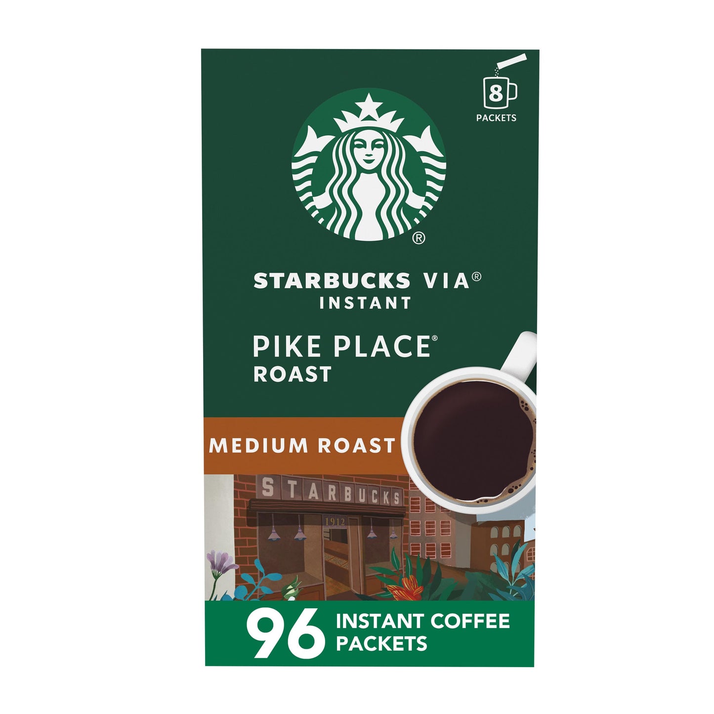 Starbucks VIA Instant Coffee Packets, Single Serve, Medium Roast Coffee, Pike Place Roast, 96 Packets