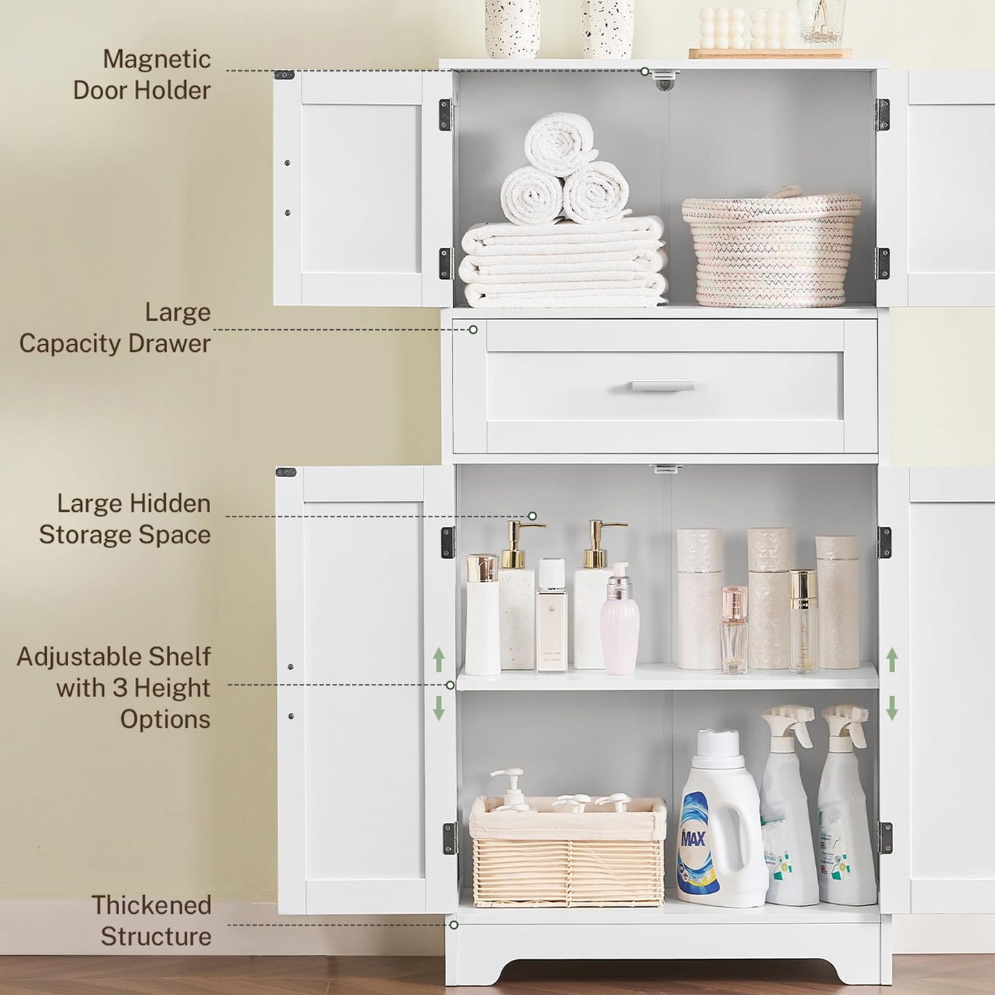TEENFON Bathroom Storage Cabinet with Adjustable Shelf & Large Drawer, Tall Storage Cabinet with 4 Doors, Kitchen Pantry Storage Cabinets, for Living Room, Dining Room, Home Office, Entryway, White