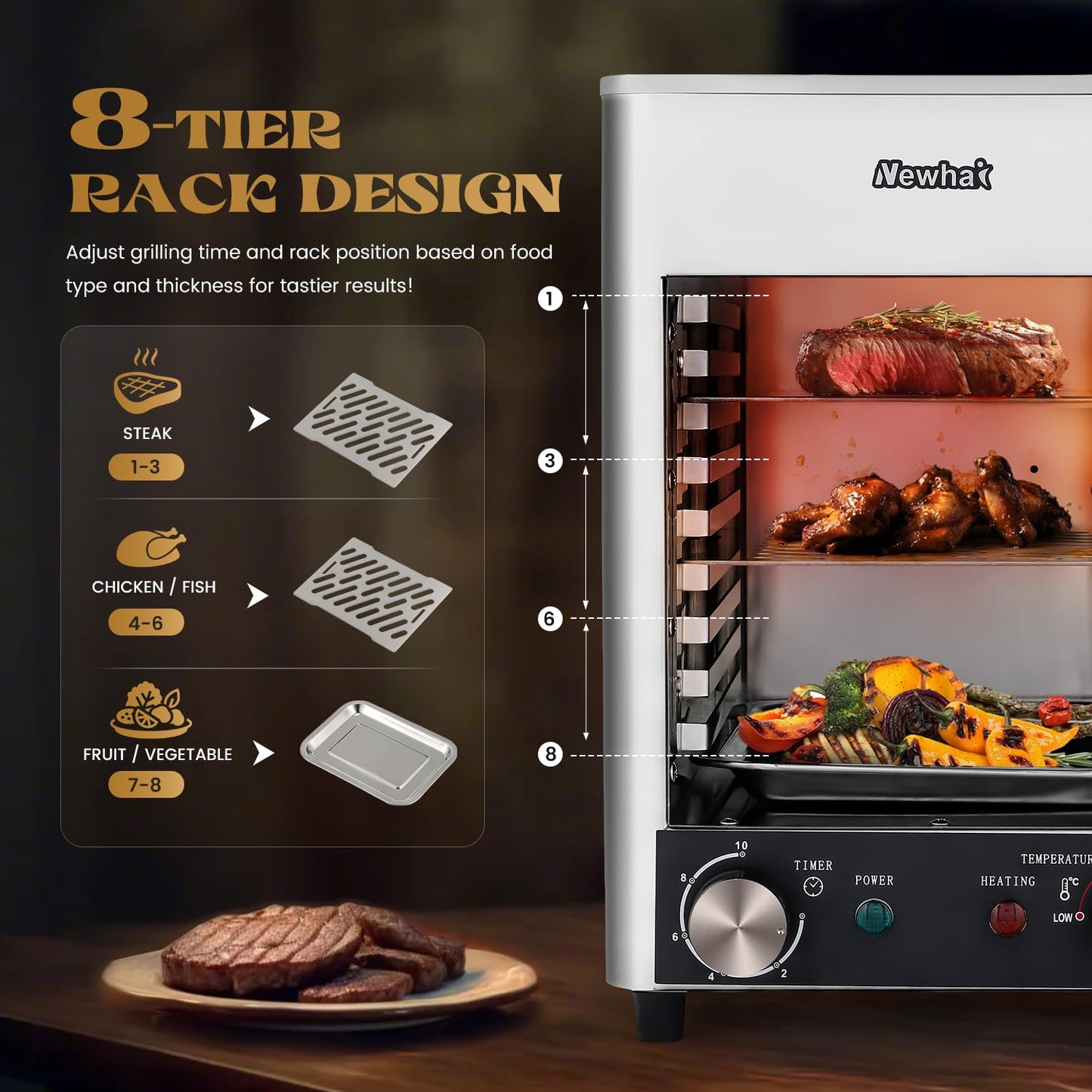 Newhai Electric Steak Broiler 1700W Indoor Commercial Steak Grill Automatic Steak Broiler for Carnivores Time Temperature Adjustable for Beef Chicken Vegetables 110V US