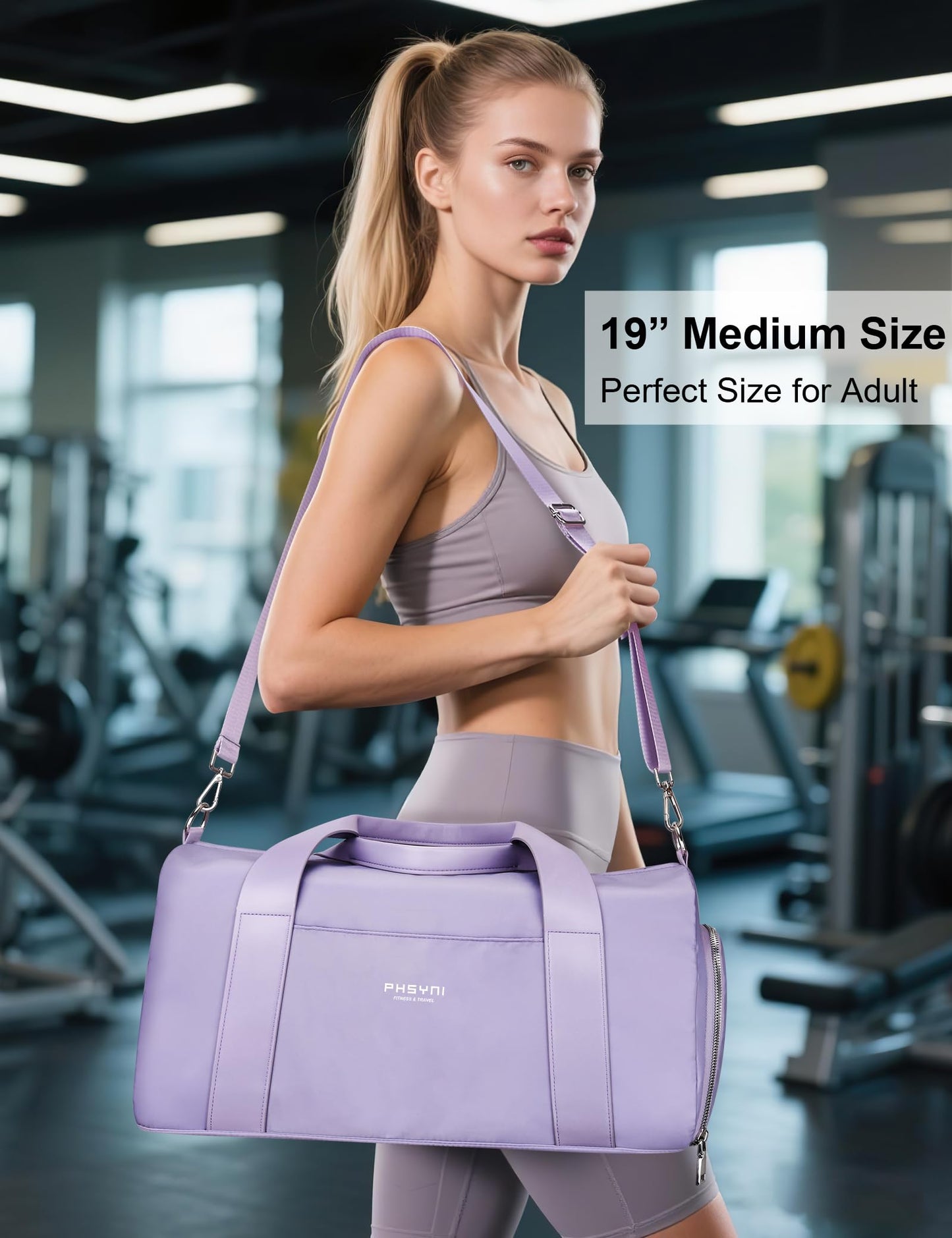 PHSYNI Gym Bag for Women Girls with Shoe Compartment & Wet Pocket - Duffle Bag for Travel Sports Fitness Workout Athletic, 19"-Medium, Purple