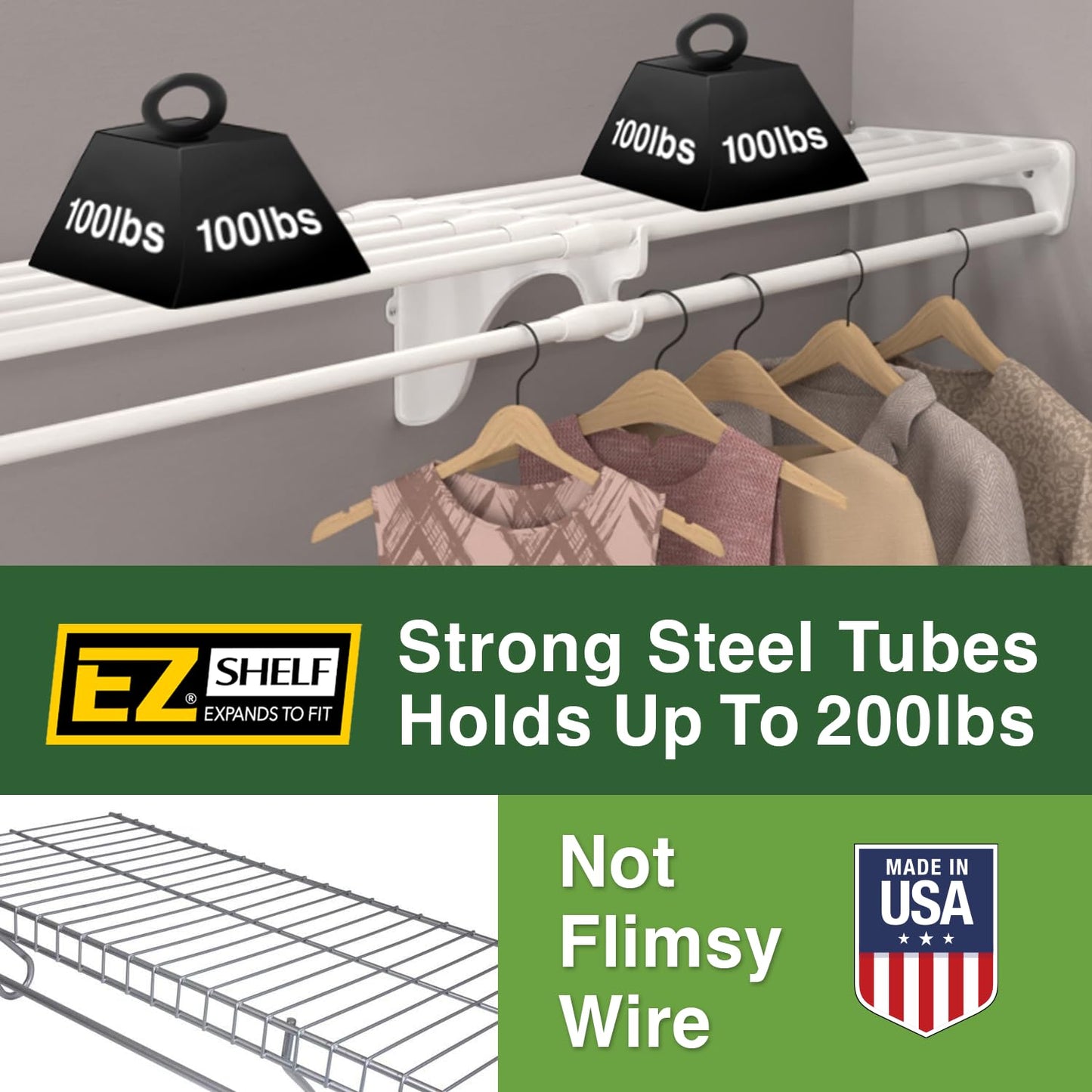 EZ SHELF- Closet Shelf with Hanging Rod, Expands 40.5-73", White, Closet Shelves Hold 200 lbs, Easy Install Closet Organizer to 2 Side Walls, Alternate for Closet Wire Shelving & Laundry Room Shelves