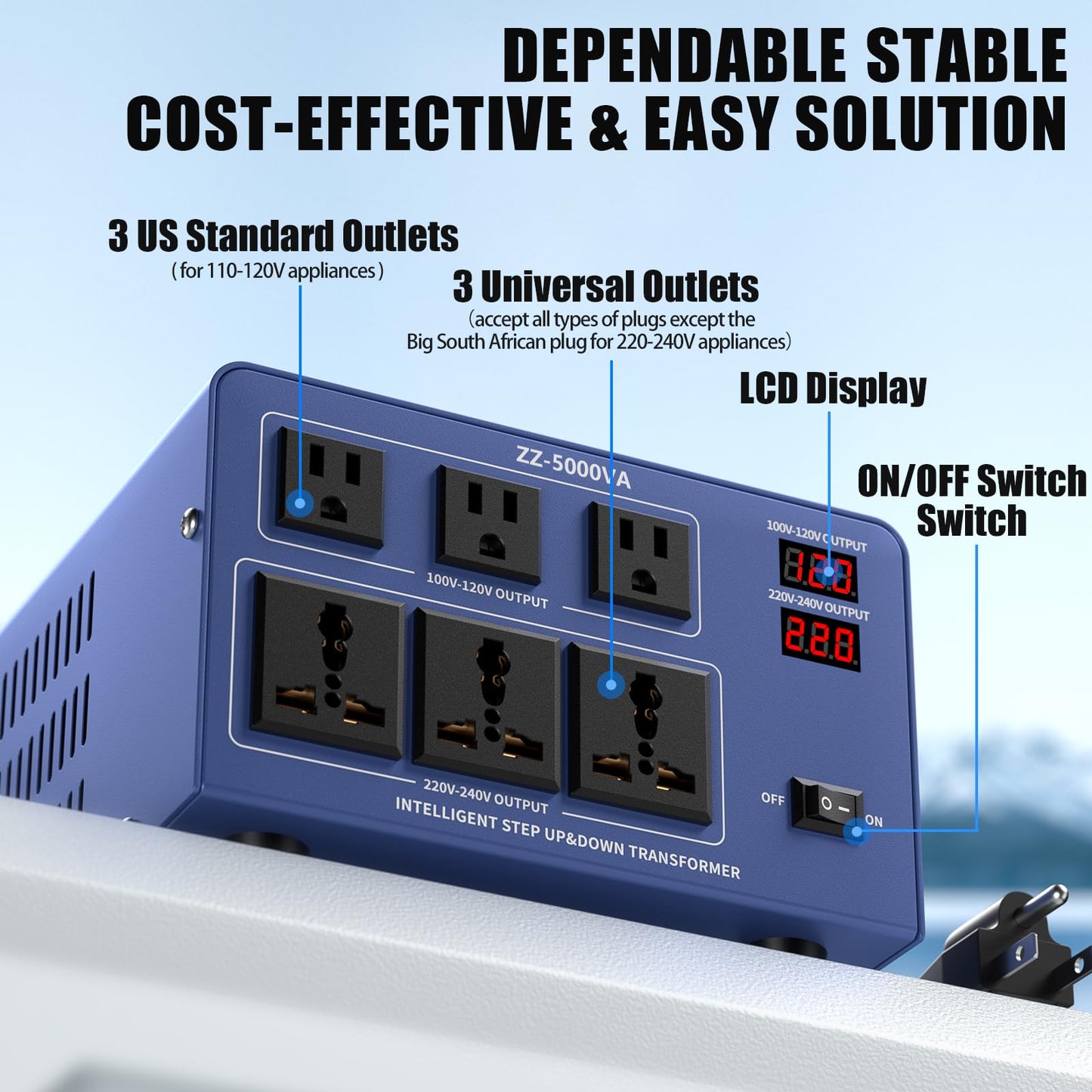 5000W Voltage Converter Transformer Step Up/Down 110V/120V to 220V/240V, Auto Voltage Recognition, Heavy Duty Power Converter with 6 Outlets, LCD Display & Circuit Breaker for Home, International Use
