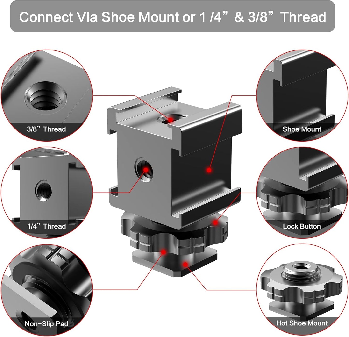 1/4"-20 3/8"-16 Triple Cold Shoe Mount Adapter, Cold Shoe Adapter Extension Bracket,Cold Shoe Mount Adapter