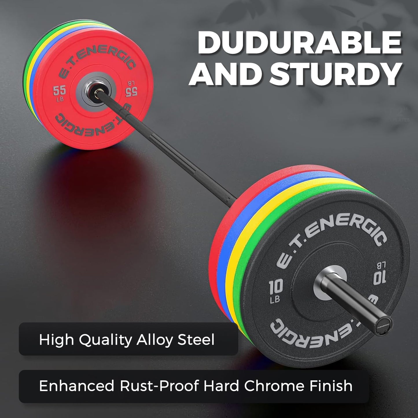 E.T.ENERGIC 7ft Olympic Barbell – 40LB Chrome Powerlifting Bar with 2” Sleeves & Medium Knurl, 700LB Capacity Strength Training Barbell for Squats, Deadlifts, Bench Press, Home & Gym, Black