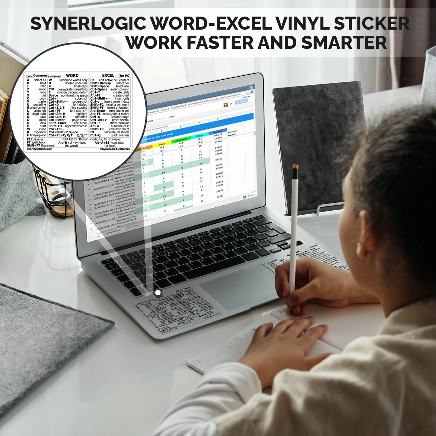Synerlogic Word/Excel Windows Shortcut Sticker | Reference Guide Keyboard Shortcuts | Work from Home Essentials | Excel
