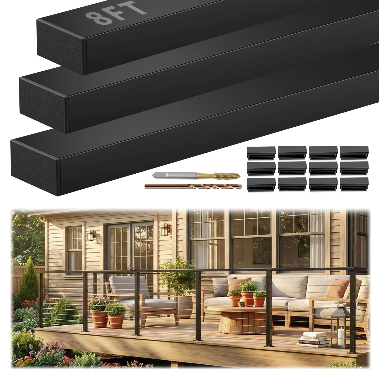Gyykzz 8FT Stainless Steel T304 Black Handrail, 3 Pack Rectangular Cuttable Handrail Flat Deck Top Rail with 12 Pcs Nylon End Caps for Indoor Outdoor Deck Stair Cable Railing System DIY Balustrade