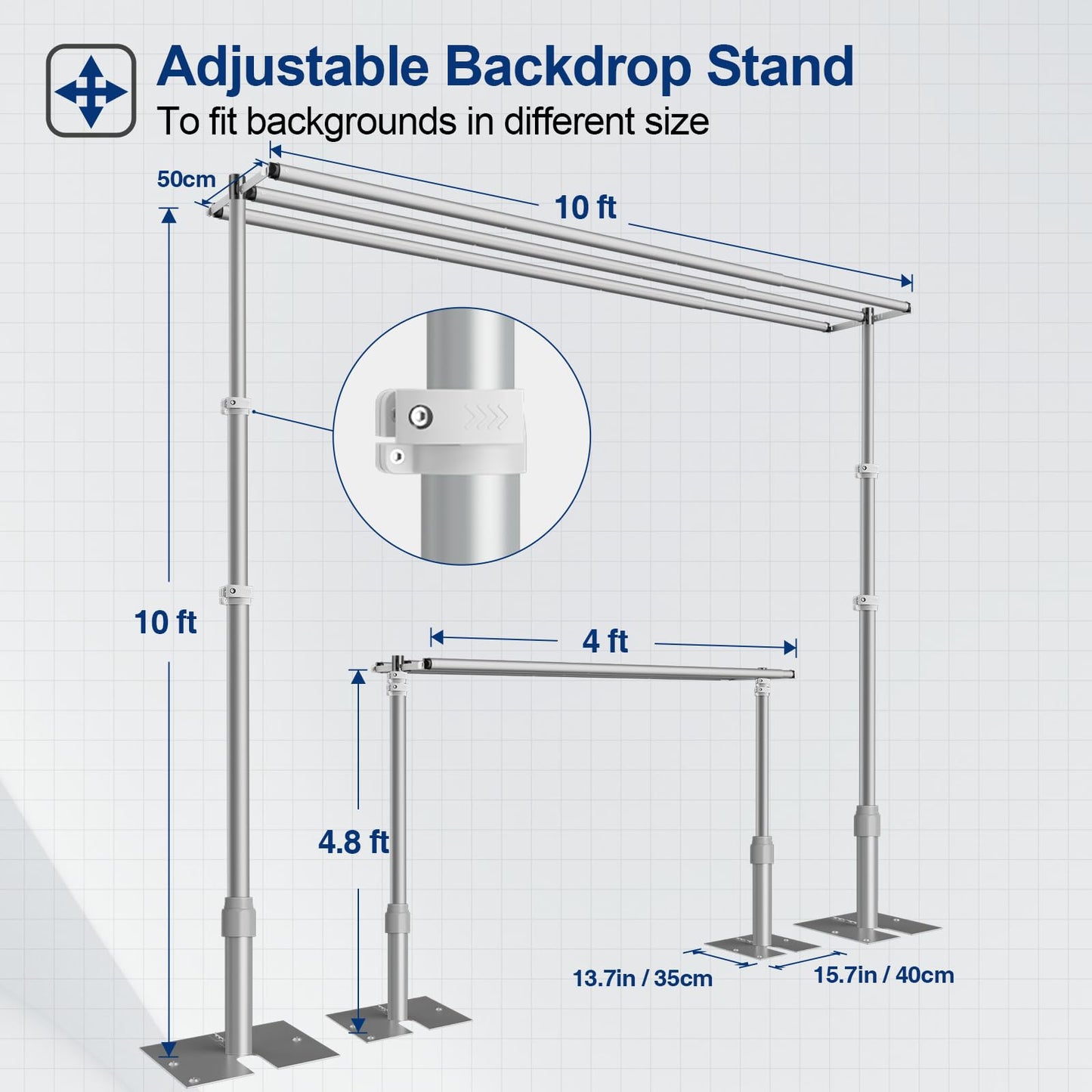 EMART Backdrop Stand Heavy Duty 10x10Ft,Three Crossbar Pipe and Drape Photo Background Support Kit, Adjustable Metal Frame with Flat Base for Wedding Birthday Party Decorations