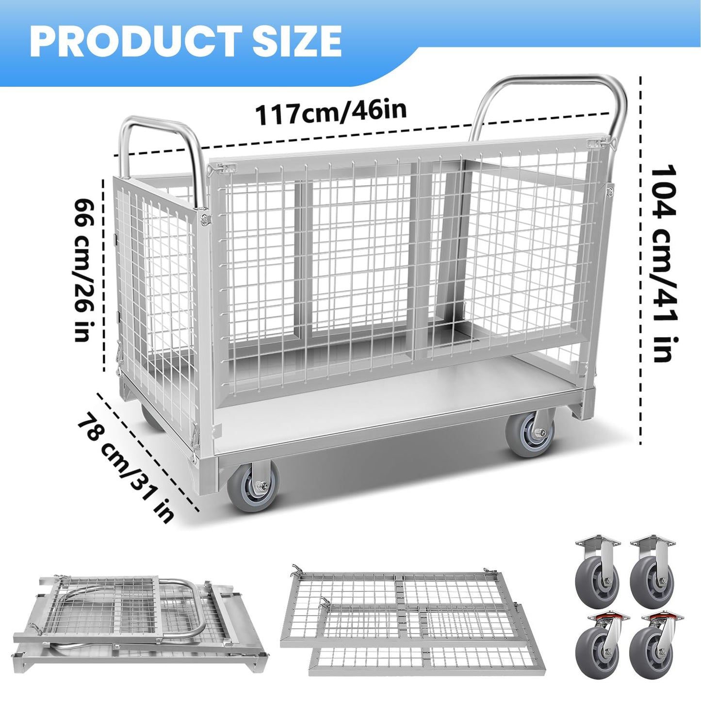 5-in-1 Platform Truck Cart with Cage, Heavy Duty Push Cart Dolly,4 Swivel Wheels, 2600 Lbs Capacity, Alloy Steel Material Multi Purpose Cart for Grocery Store/Laundry/Stall/Warehouse (Silver)