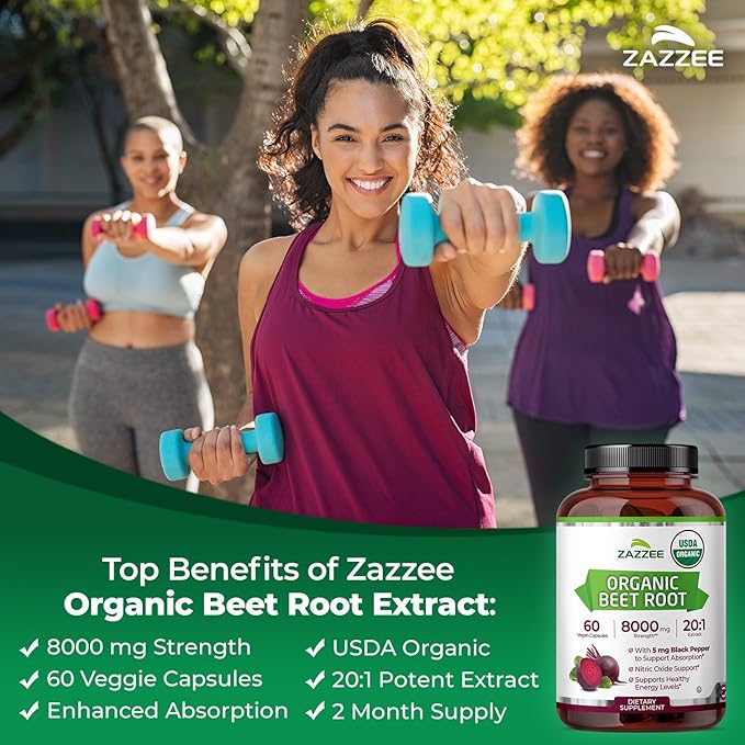 Zazzee USDA Organic Beet Root 8000 mg Strength 20:1 Extract, 60 Vegan Quick Release Capsules, Black Pepper Extract for Enhanced Absorption, Supports Nitric Oxide Production, Non-GMO, Made in The USA