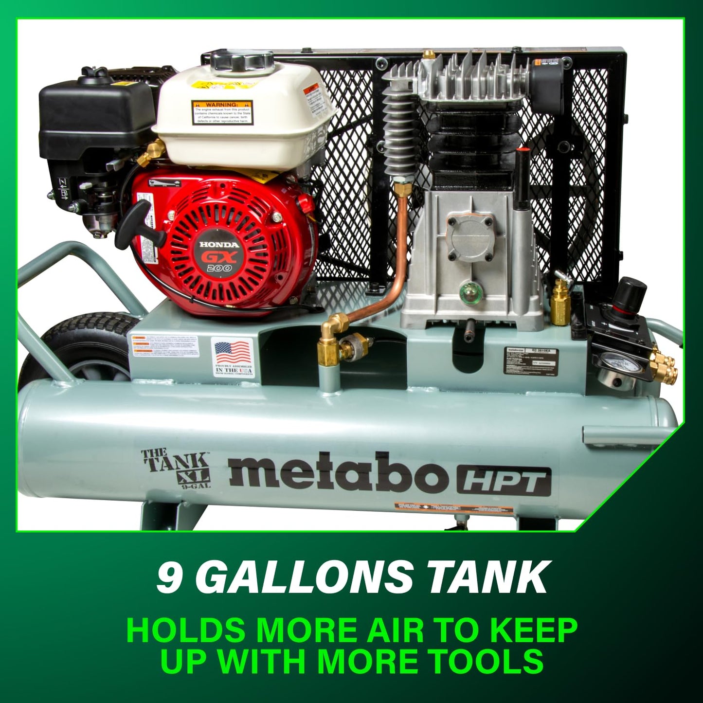 Metabo HPT Air Compressor, THE TANK XL, 9-Gallon Gas Wheelbarrow Compressor, Honda GX 200 Engine, Versatile for Use with Framing, Roofing Nailers, or Siding, Assembled in the USA, EC2610EA