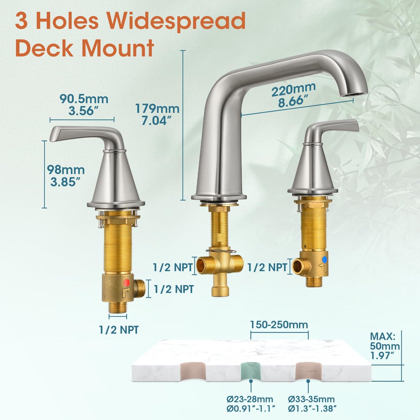 Bathtub Faucet Set 3 Hole, Brushed Nickel Roman Bathtub Faucet, High Flow Deck Mount Tub Faucet, Widespread Garden Tub Faucet 2-Handle with Hot & Cold Supply Lines