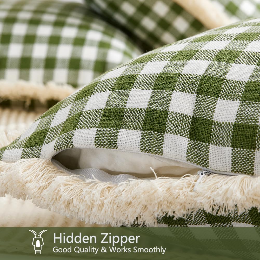 18x18 Spring Sage Green Gingham Farmhouse Pillow Covers with Ruffle Trim