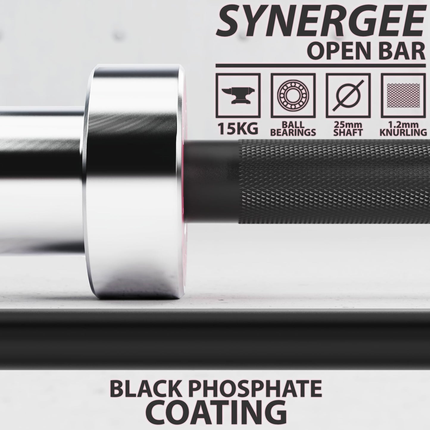 Synergee Open 15kg Women’s Black Phosphate Shaft and Chrome Sleeve Olympic Barbell. Rated 1000lbs for Weightlifting and Powerlifting.