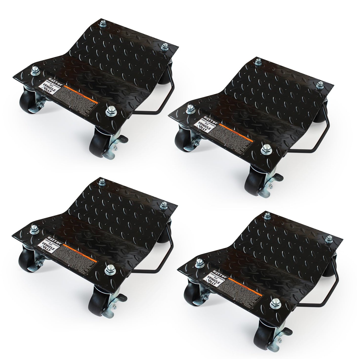 WayTov 50855 16" x 12" Solid Steel 4 Piece Car Dolly with 3" Swivel Wheels, 6,000 lb. Rating