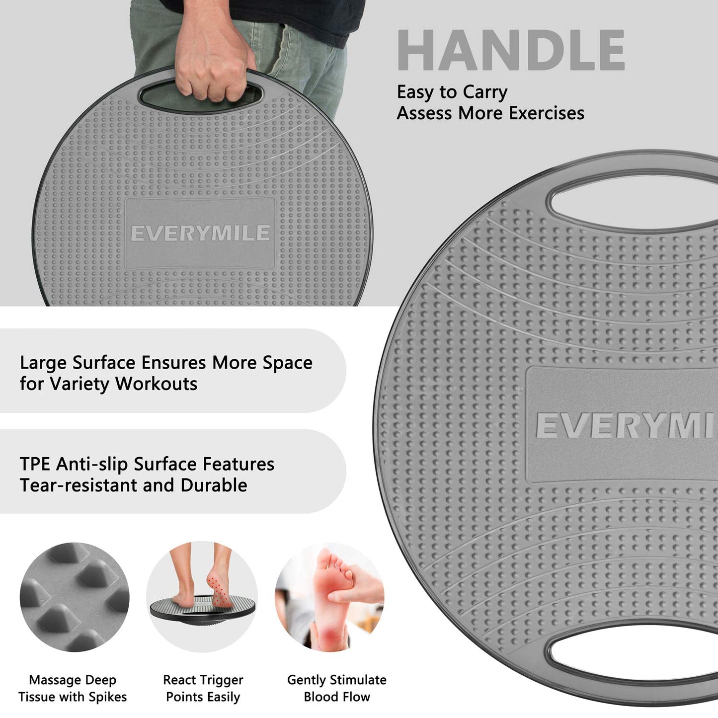 EVERYMILE Wobble Balance Board, Exercise Balance Stability Trainer Portable Balance Board with Handle for Workout Core Trainer Physical Therapy & Gym Diameter Surface 16.5" Gray