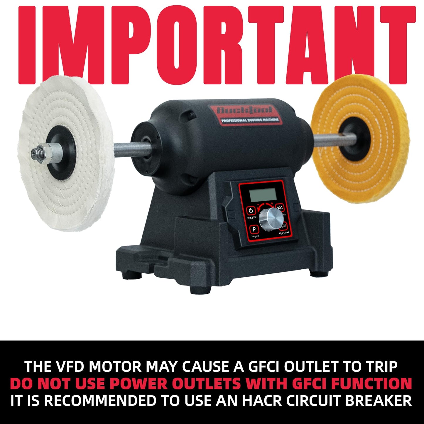 BUCKTOOL 1HP VFD Motor 8-Inch Variable Speed Bench Buffer Polisher, 900-3600 RPM One Button Speed Setting Powerful Benchtop Polisher, Extended Polishing Shaft for Jewelry, Metal Power Bench Grinders