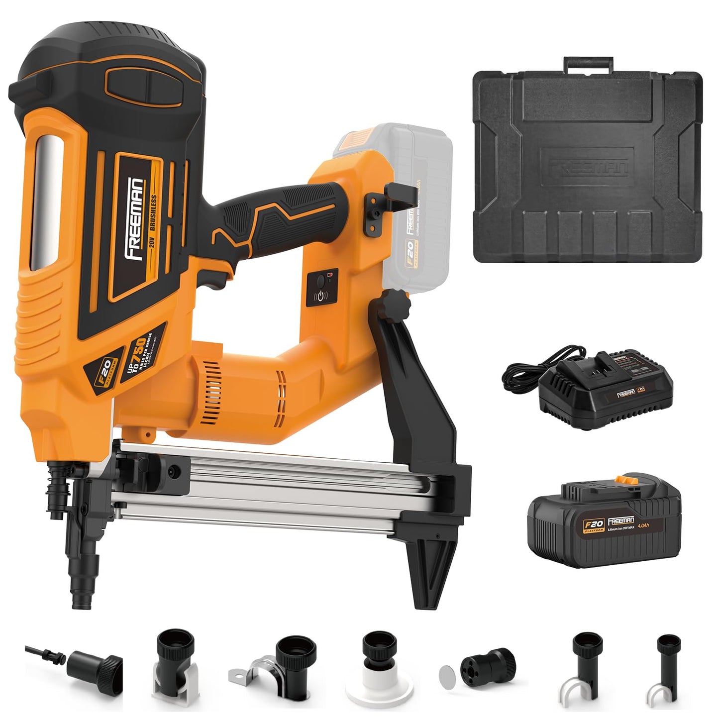 Freeman 20V Cordless Brushless 1-1/2" Concrete Strip Pin Nailer Kit | 4.0Ah Li-Ion Battery, Charger & Case | 750 Shots/Charge Concrete Nail Gun for Metal & Wood Framing | PE20VCSPN40