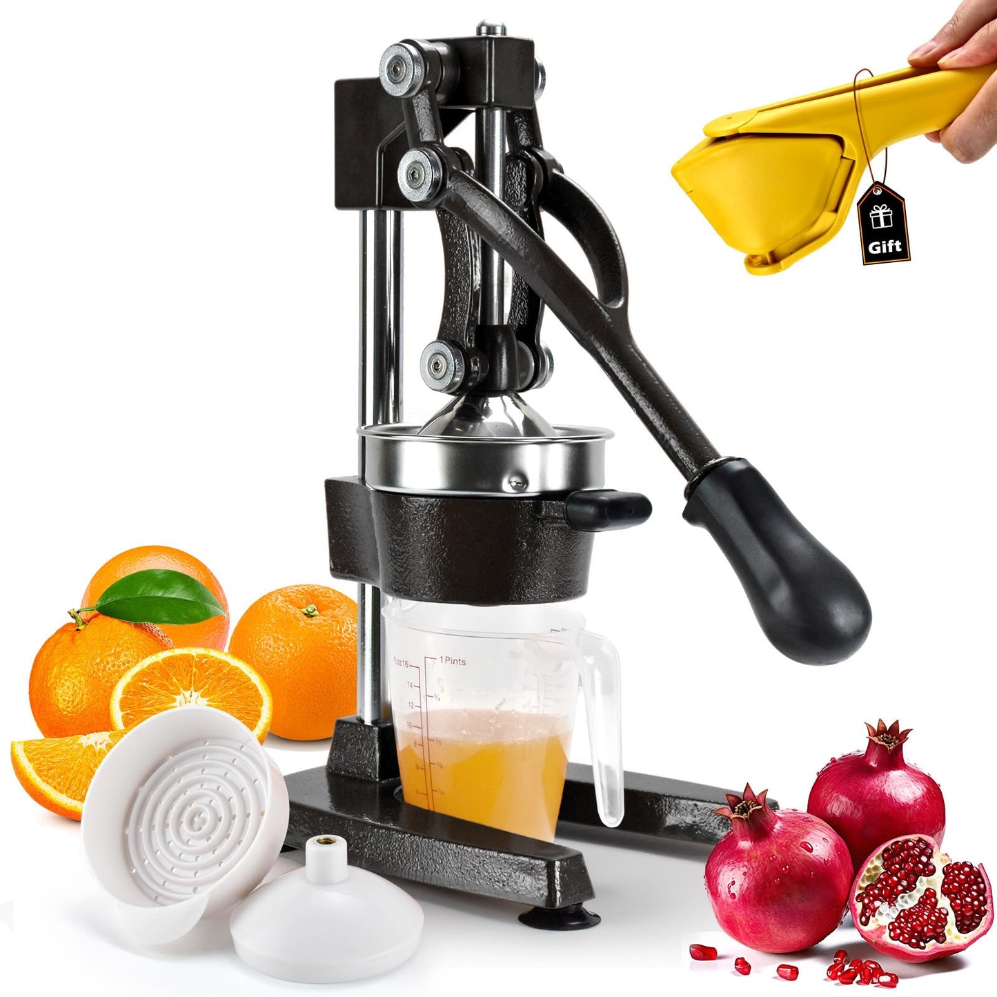 ROEDEER Heavy-Duty Manual Citrus Juicer – Cast Iron Orange Juicer Squeezer, Dual-Die Head, Manual Juicer, Citrus Squeezer, Lemon Juicer Manual & Pomegranate Juicer for Fresh Juice (Black)