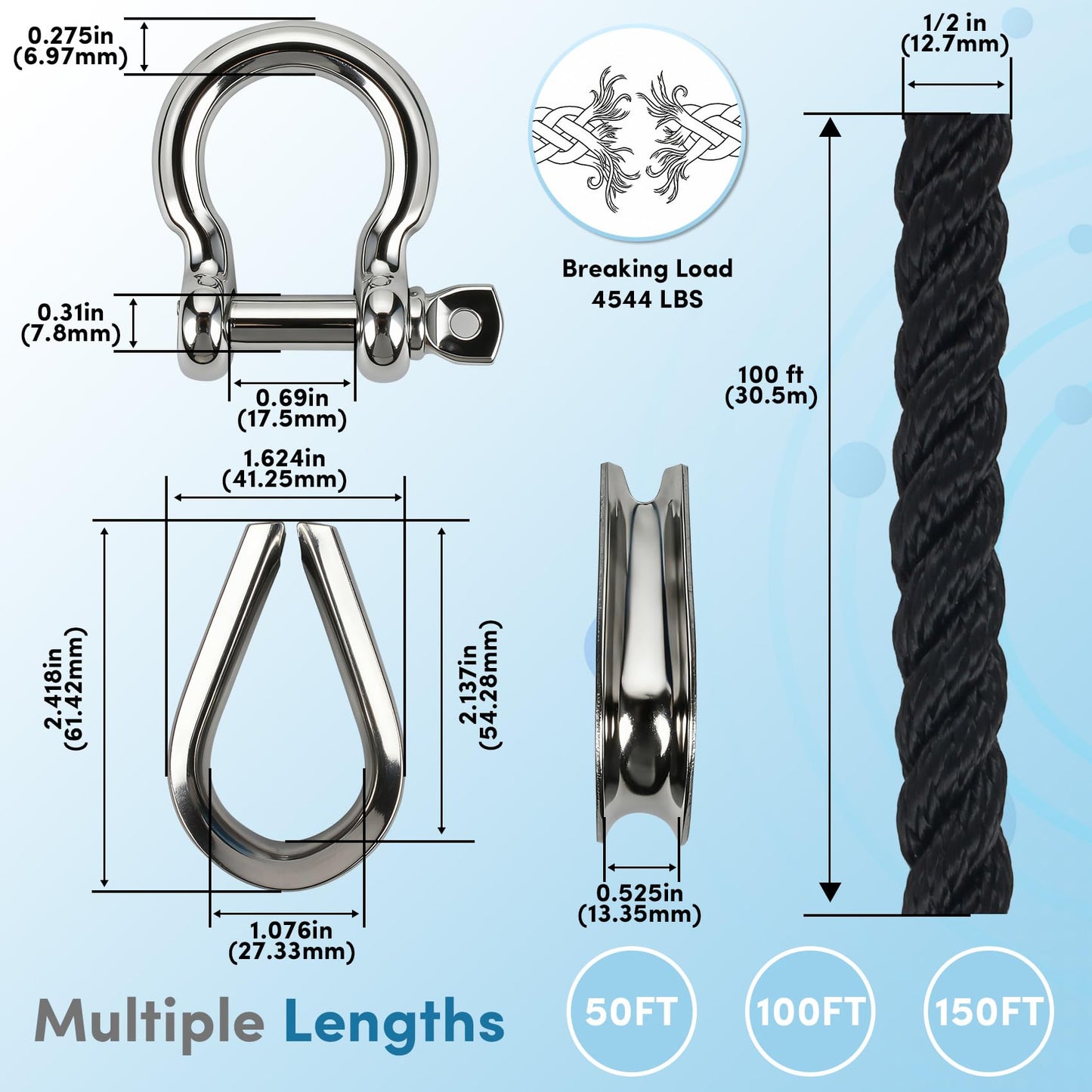 Anchor Rope 1/2 Inch 100 FT, Anchor Line 3 Strand Boat Rope with Stainless Steel Thimble & Shackle, Boat Anchor Rope Ideal for Towing Docking Mooring Boats Up to 35' - Black