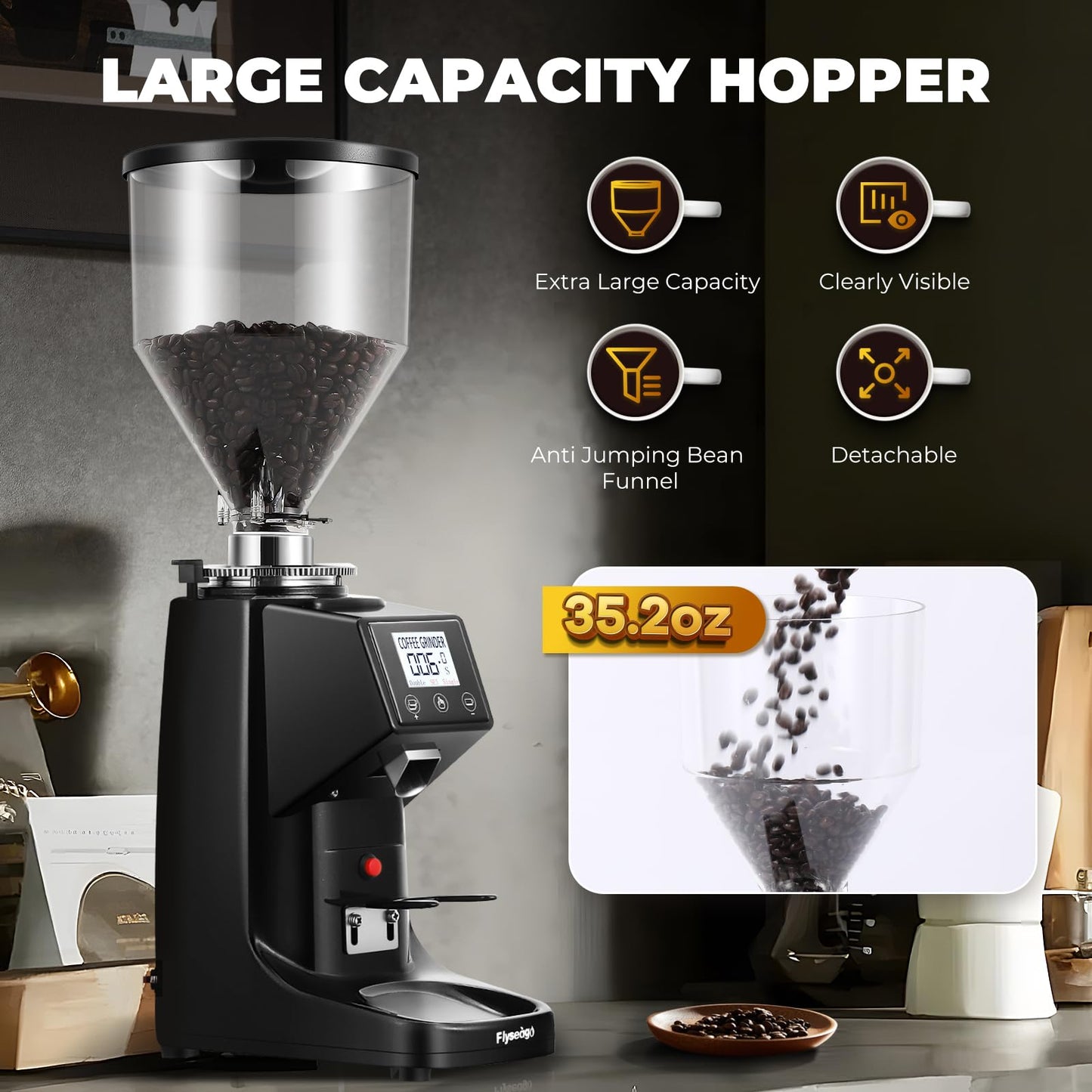 Flyseago Commercial Coffee Grinder Electric - 64mm SS Flat Burr, Digital Touch Screen, 19 Adjustable Settings, 35oz Large Hopper, Black