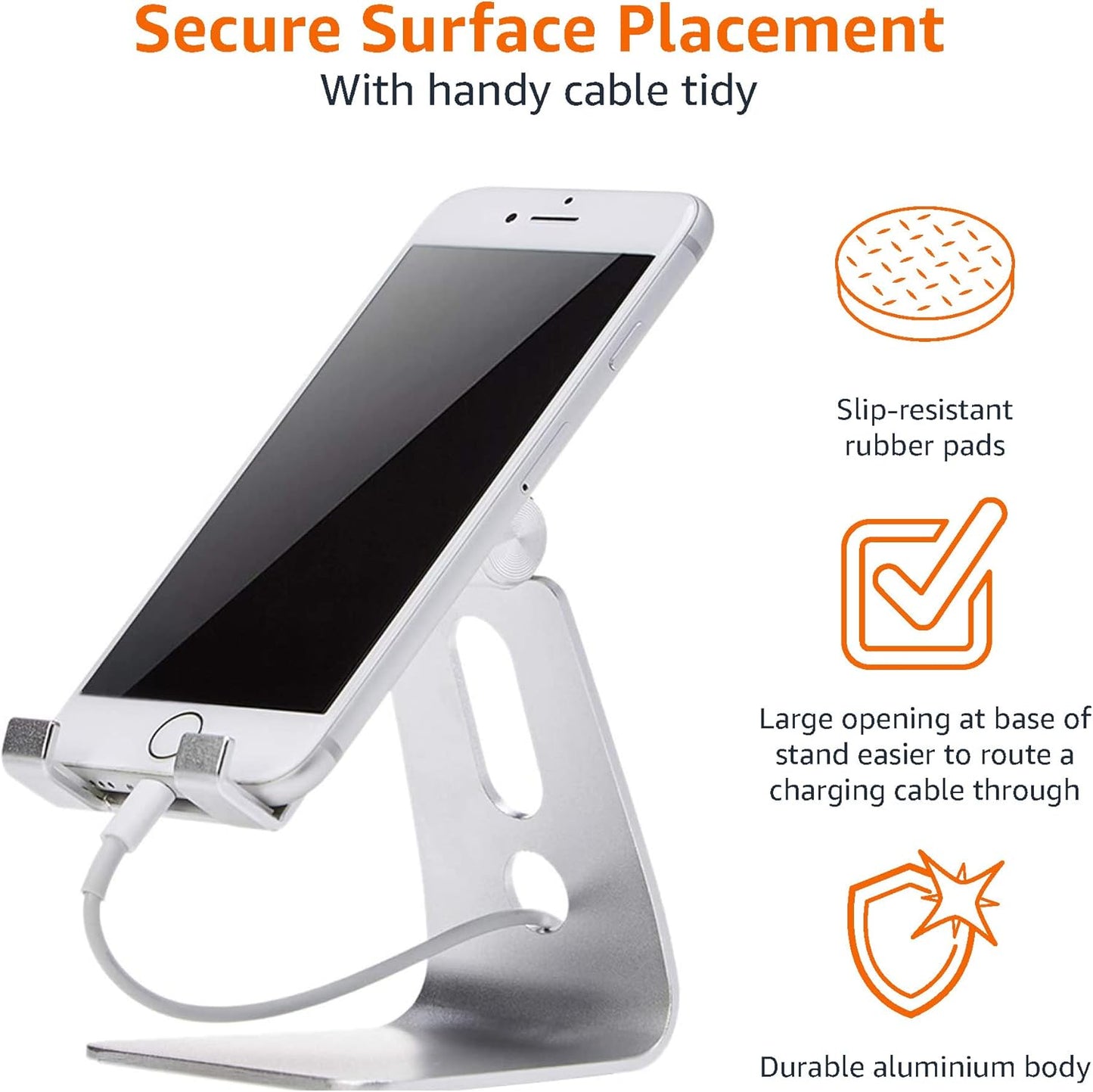 Amazon Basics 3.15 2.87 3.74 inch, Adjustable Aluminum Phone Stand for Cell Phones, iPhone and Android, Desktop Phone