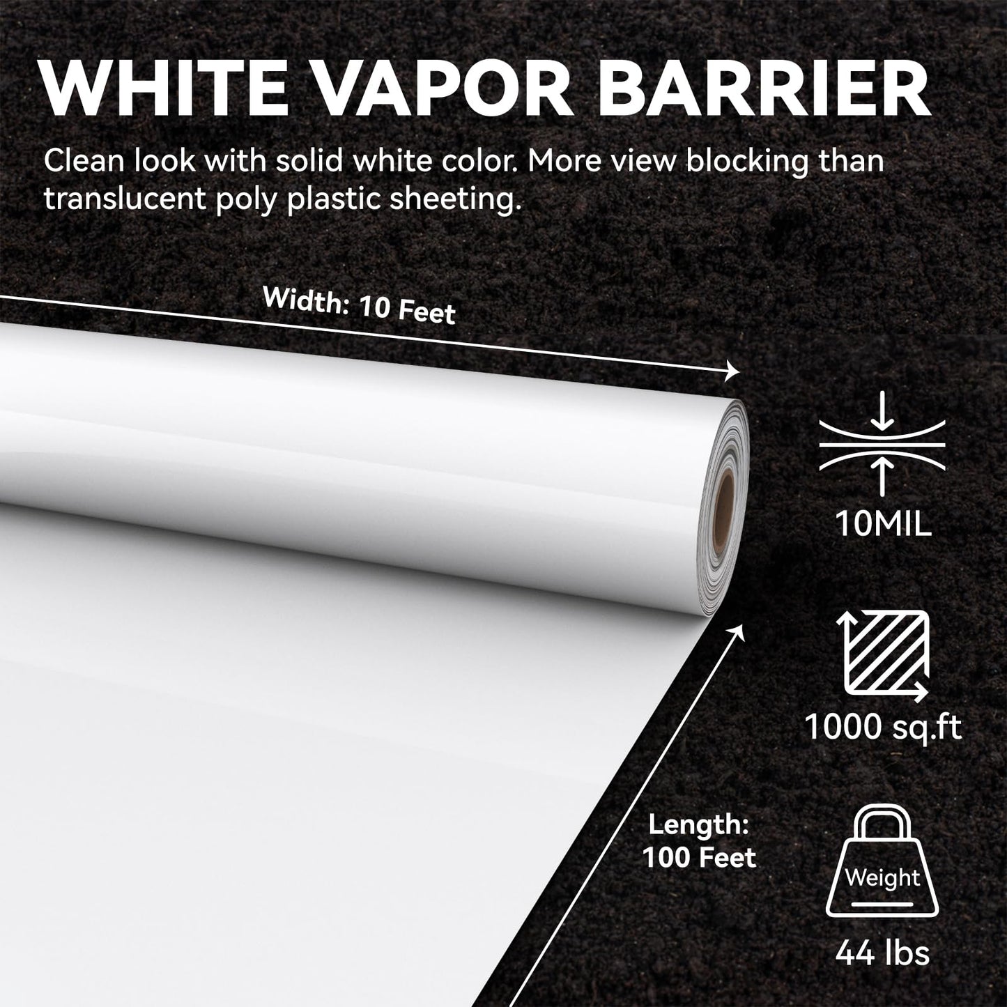 Spirecover White Crawl Space Vapor Barrier, 10 Mil Vapor Barrier, 10' x 100', Heavy Duty Polyethylene Film, Thick Plastic Sheeting, Plastic Drop Cloth Covering for Crawlspace, Basement