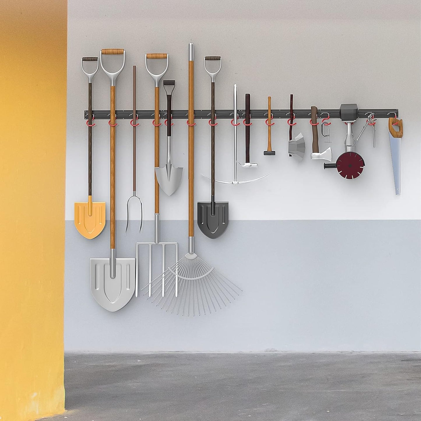 WALMANN All Metal Wall Mount Garden Tool Organizer - 64 Inch Storage Rack with 4 Rails & 16 Hooks