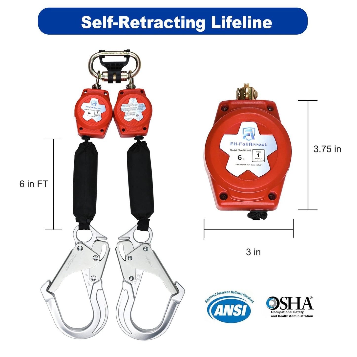FHFallArrest Self-Retracting Lifeline,Fall Protection 6 Foot Double Web Leg Retractable Lanyard,Steel Snap Hook & Steel Carabiner,ANSI & OSHA Compliant SRL (Dual Rebar Hooks & Carabiner)
