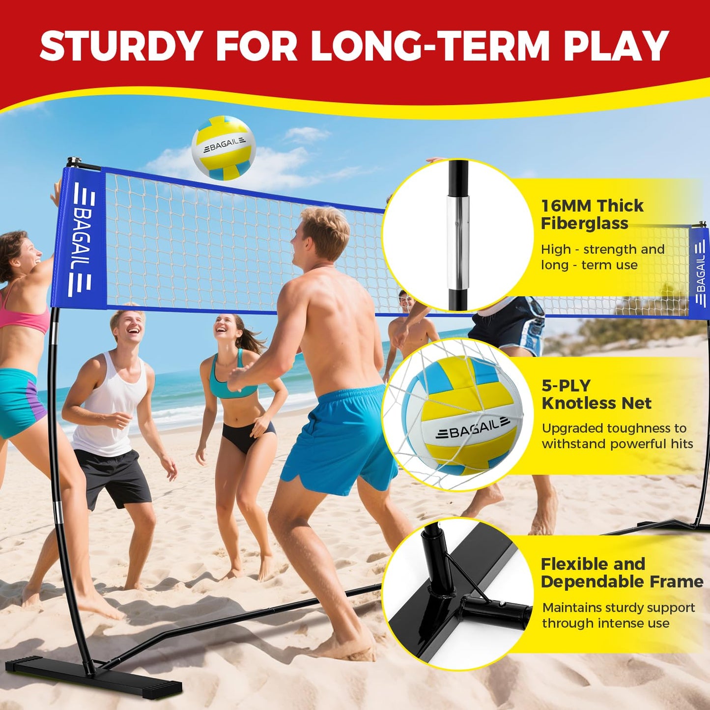 BAGAIL Volleyball Net, 12ft Portable Volleyball Net for Backyard - Adjustable Height, Heavy-Duty Frame, Freestanding Design - Portable Outdoor/Indoor Volleyball Set with Carry Bag - Blue