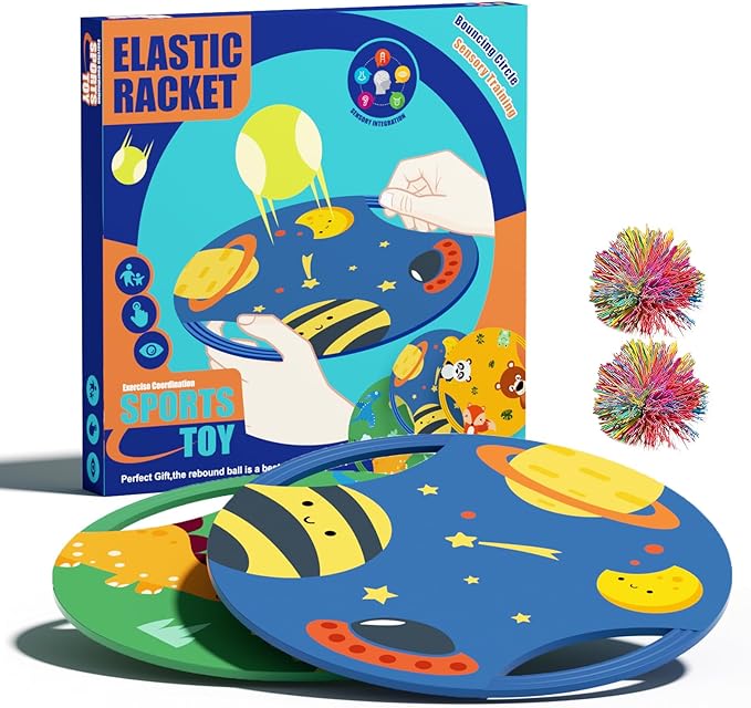 Fun Toss Across Game Toddlers Sensory Toys - Elastic & Soft Fabric Bouncy Paddle & Stringy Ball for Safe Play, Also Works as Flying Disc, Indoor Outdoor Birthday Party Beach Toys Park Backyard Games