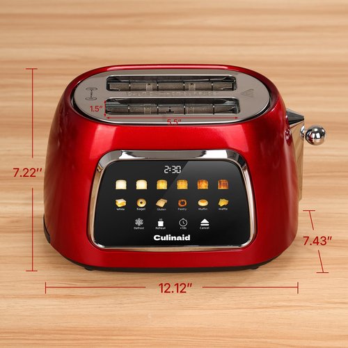 Culinaid Toaster 2 Slice Smart Touch Screen, Retro 1.5'' Extra Wide Slot Stainless Steel Digital Bread Toaster with Memory Function, Bagel, Defrost, 6 Browning Levels and Removable Crumb Tray, Red