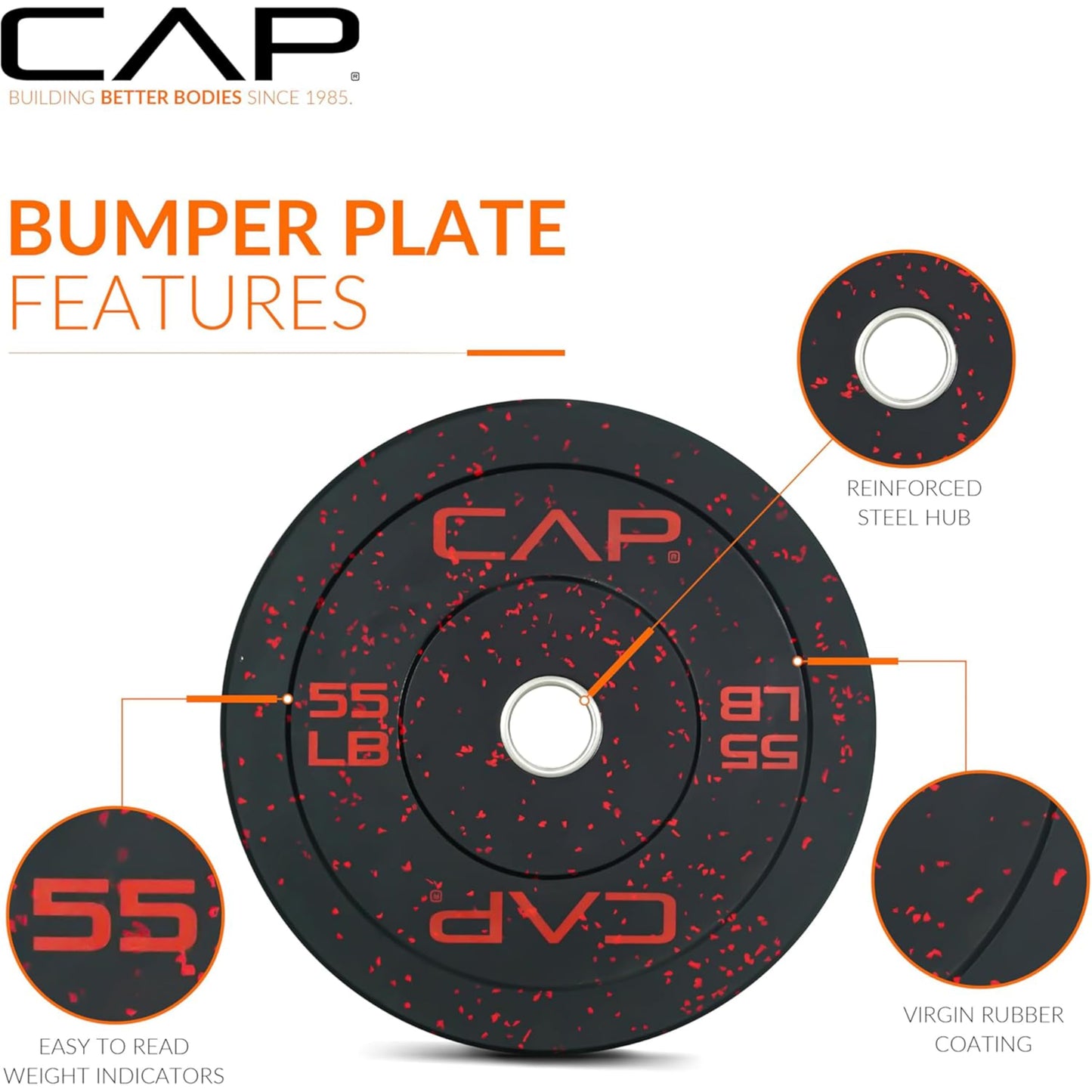 CAP Barbell 260 lb Economy - Speckled Olympic Weight Set with 7ft Chrome Barbell & Black Bumper Plates with Color Logo