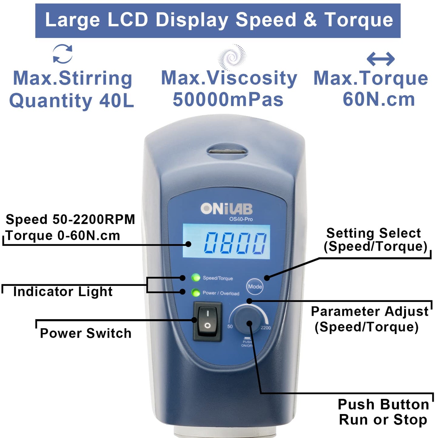 ONiLAB 8053200100 LCD Digital Overhead Stirrer Max Stirring Quantity 40L Max.2200Rpm, White, Aluminum Alloy （Stand Included)…