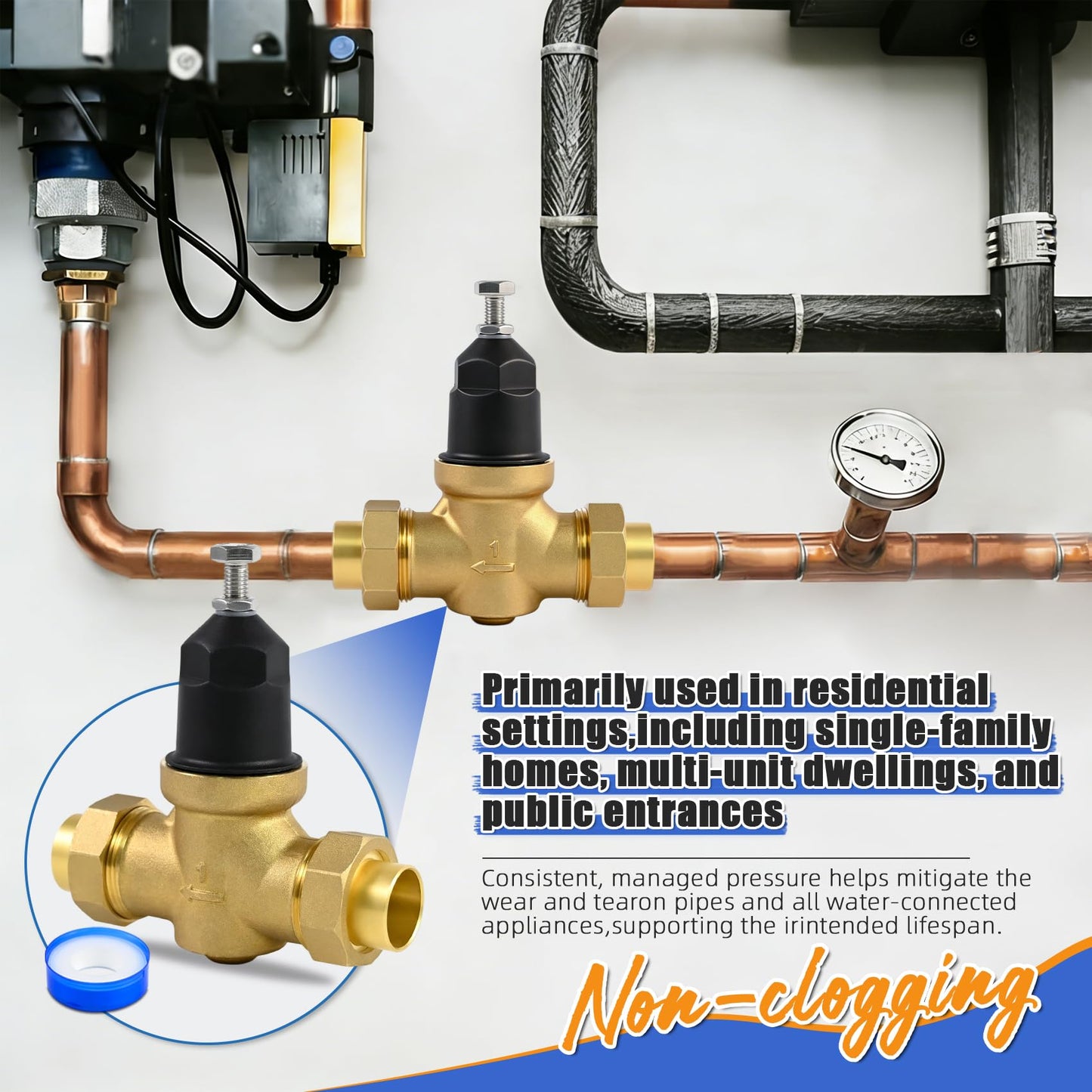 1" NR3XLDU Water Pressure Reducing Valve, 1" NR3XL with Double Union FNPT Connection，for Home & Commercial UseRegulator for Home, Built-in Strainer, 1-NR3XLDU Adjustable 15–75 PSI
