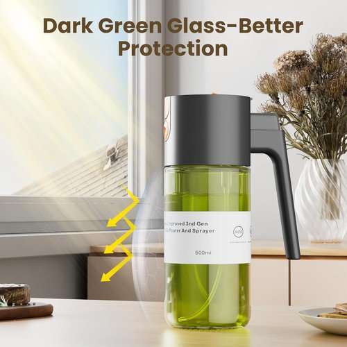 LUKUMIQI 2-in-1 Oil Sprayer - 17oz Light-Blocking Glass Bottle for Cooking, Salad & BBQ