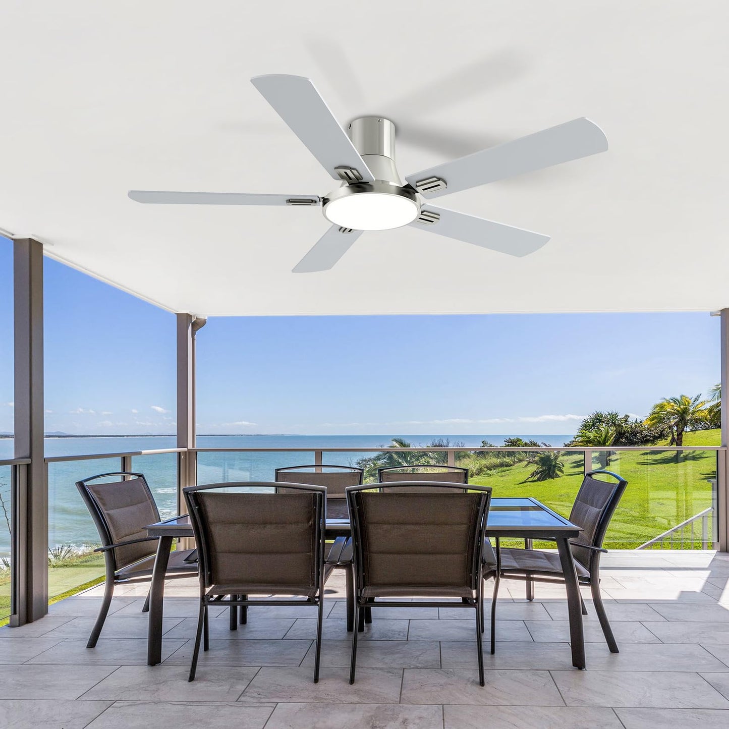 SNJ 52 Inch Brushed Nickel Ceiling Fans with Lights and Remote,Flush Mount Low Profile 5 Blades Ceiling Fan,Dimmable Quiet Reversible DC Motor for,Living Room,Bedroom and Patio