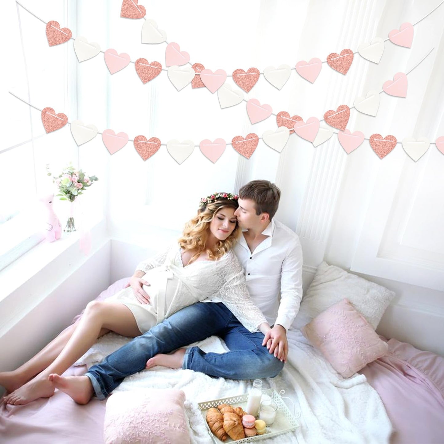 Rose-Gold Light Pink-White Party-Decorations Heart-Garland - 40ft Valentines Glitter Streamers Banner,Galentines Women Romantic Special Night Wedding Bachelorette Birthday Backdrop Decor Burgleda
