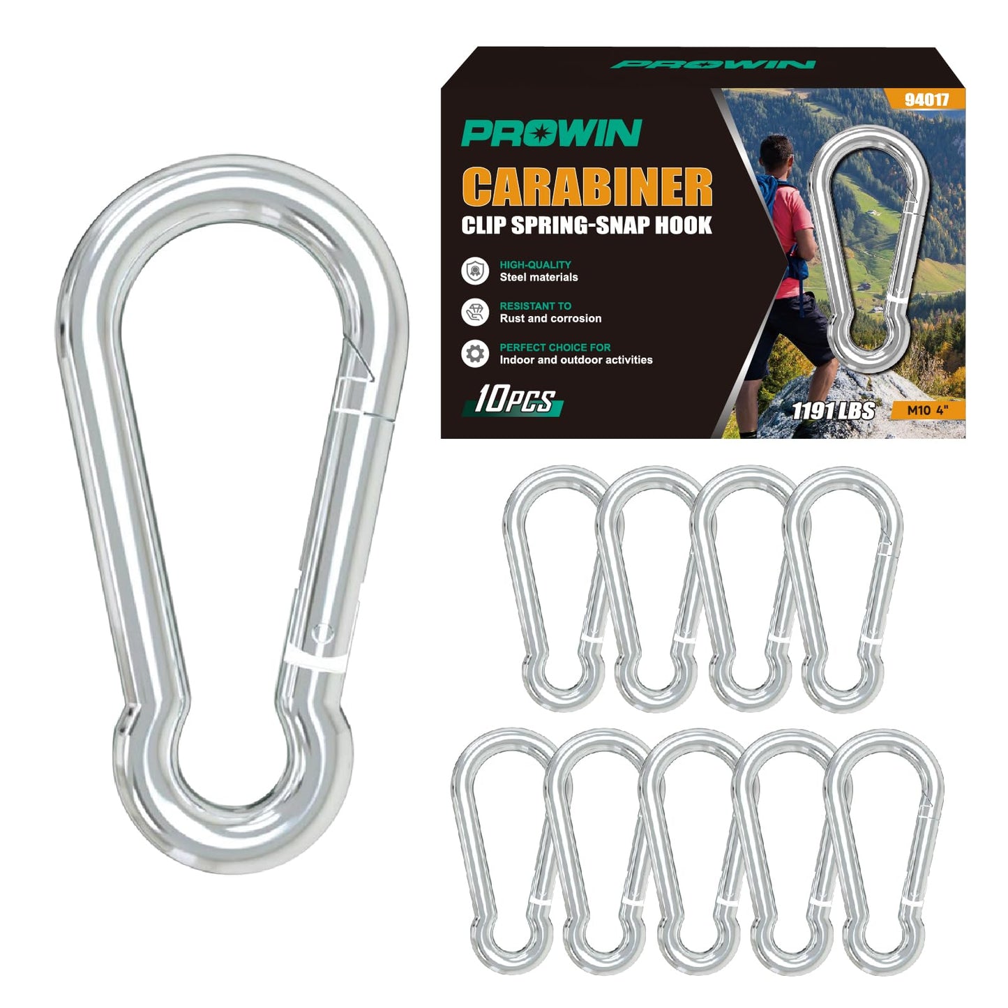 Prowin 10pcs M10 Heavy Duty Carabiner Clips, 1191 lbs Capacity Spring Snap Hook, 4 Inch Galvanized Steel Quick Link for Hiking, Camping, Hammock, Swing, Outdoor Gear