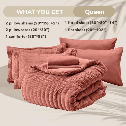 HYMOKEGE Coral Queen Comforter Set - 7-Piece All-Season Luxury Bedding Set with Sheets & Pillowcases