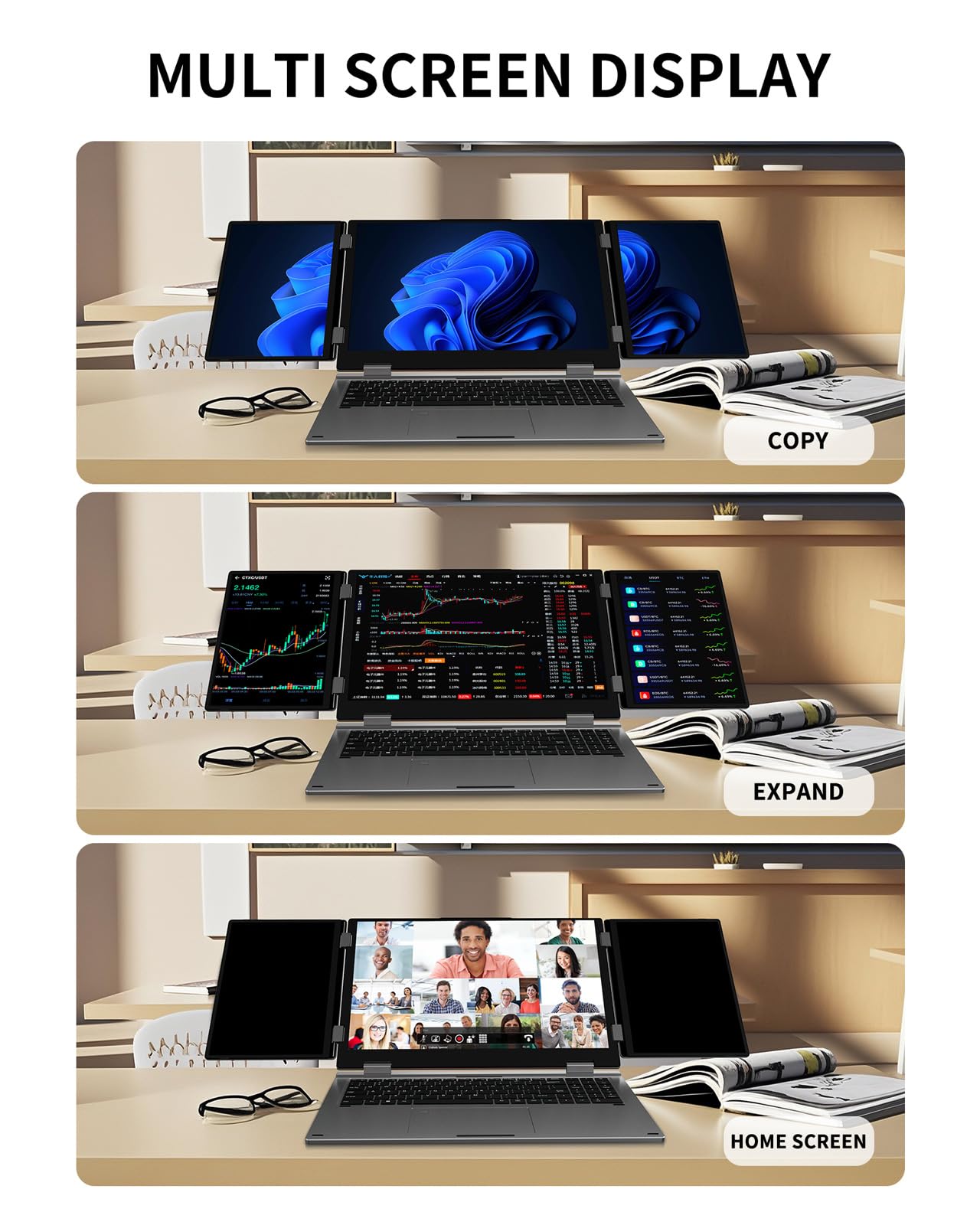 KOOFORWAY Triple Screen Laptop, 16" Main + Dual 10.5" Monitors, Core i7-12700H, 32GB RAM, 2TB SSD, Win 11 Pro, Wi-Fi 5, BT 5.0, Face & Fingerprint Unlock, USB-C, HDMI (16GB RAM + 1TB SSD)