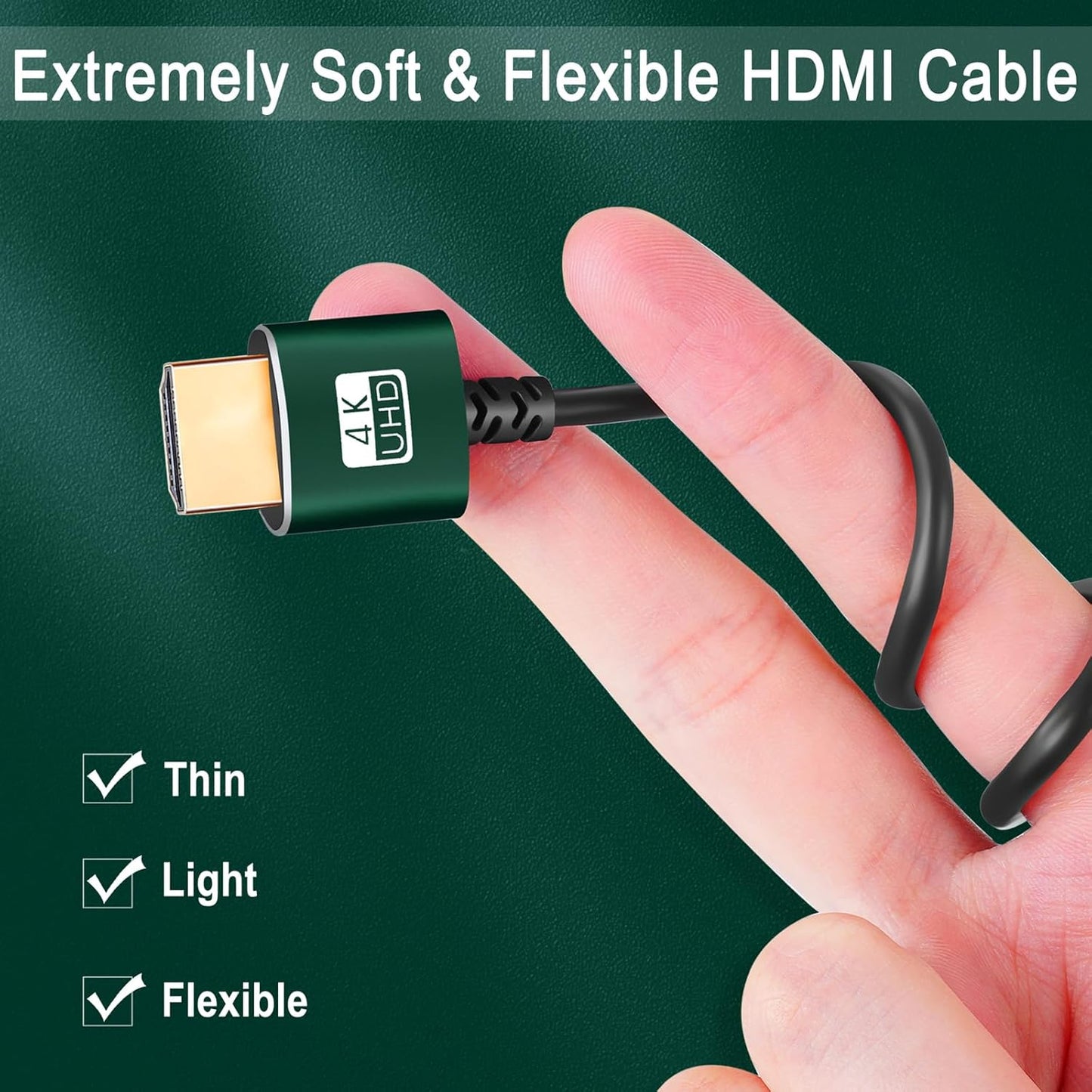 15FT, 4K@60Hz 18gbps 2160p 1080p Thsucords Slim HDMI Cables Ultra Soft & Thin HDMI to HDMI Cord, Extreme Flexible